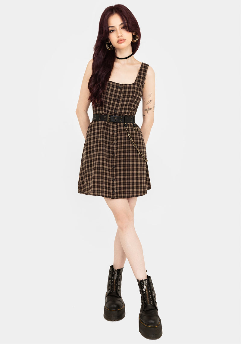 Terra Baumwolle Prüfen Ärmellos Knopf Hoch Mini Kleid - Braun