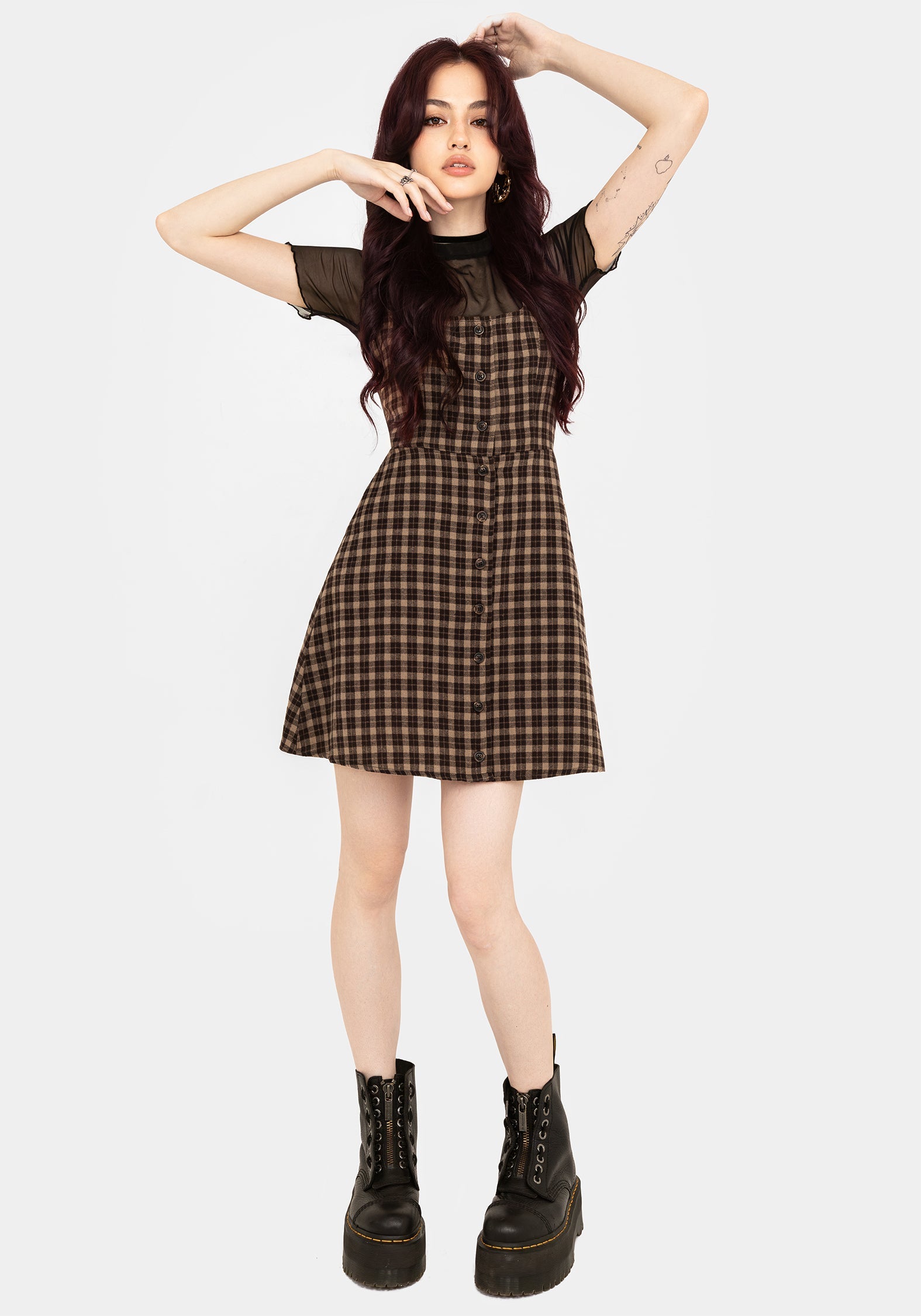 Terra Cotton Check Sleeveless Button Up Mini Dress - Brown – Disturbia