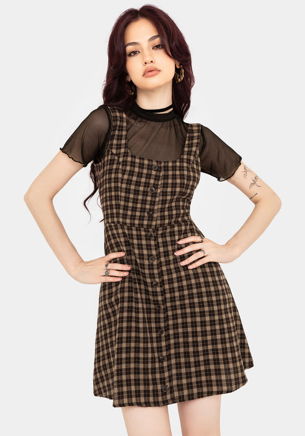 Terra Baumwolle Prüfen Ärmellos Knopf Hoch Mini Kleid - Braun
