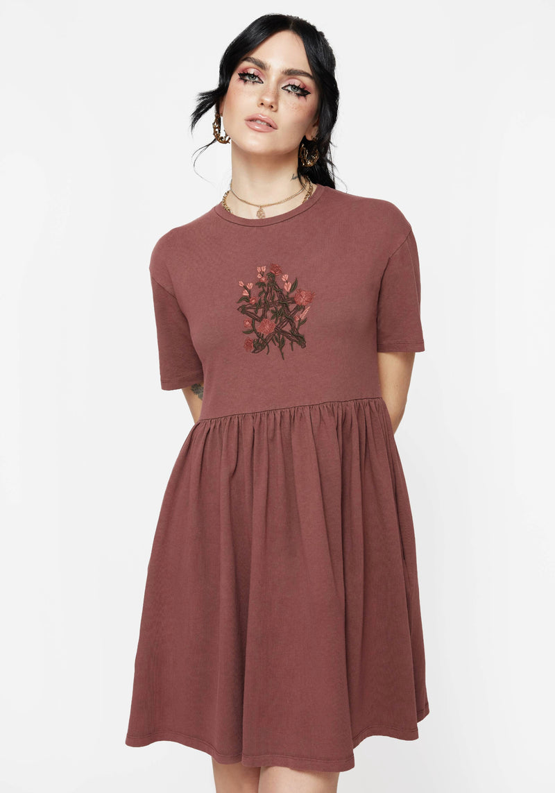 Aster Baumwolle Pentagramm Bestickt Mini Skater Kleid