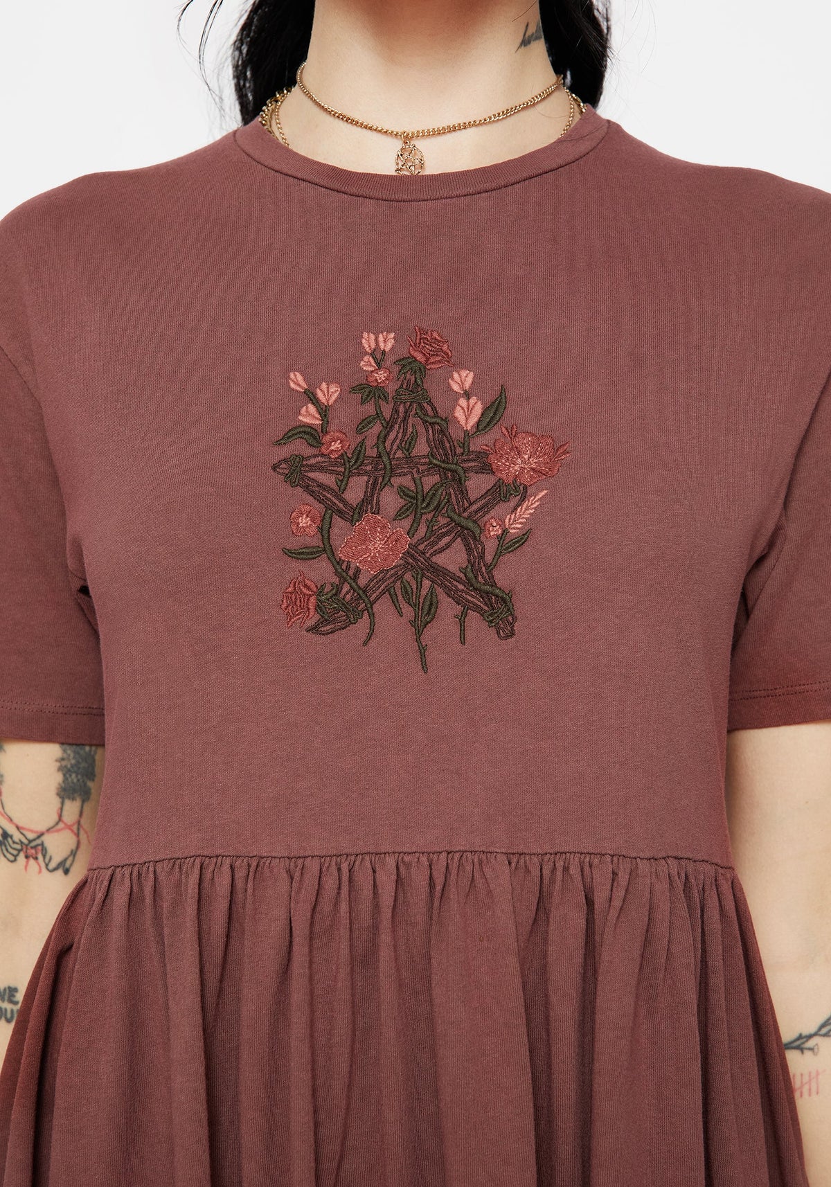 Aster Baumwolle Pentagramm Bestickt Mini Skater Kleid