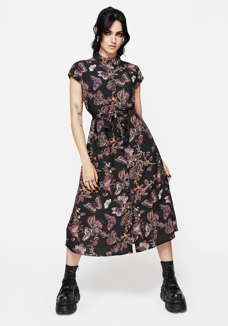 Eloise Blumenmuster Schmetterling Druck Knopf Hoch Midi Kleid
