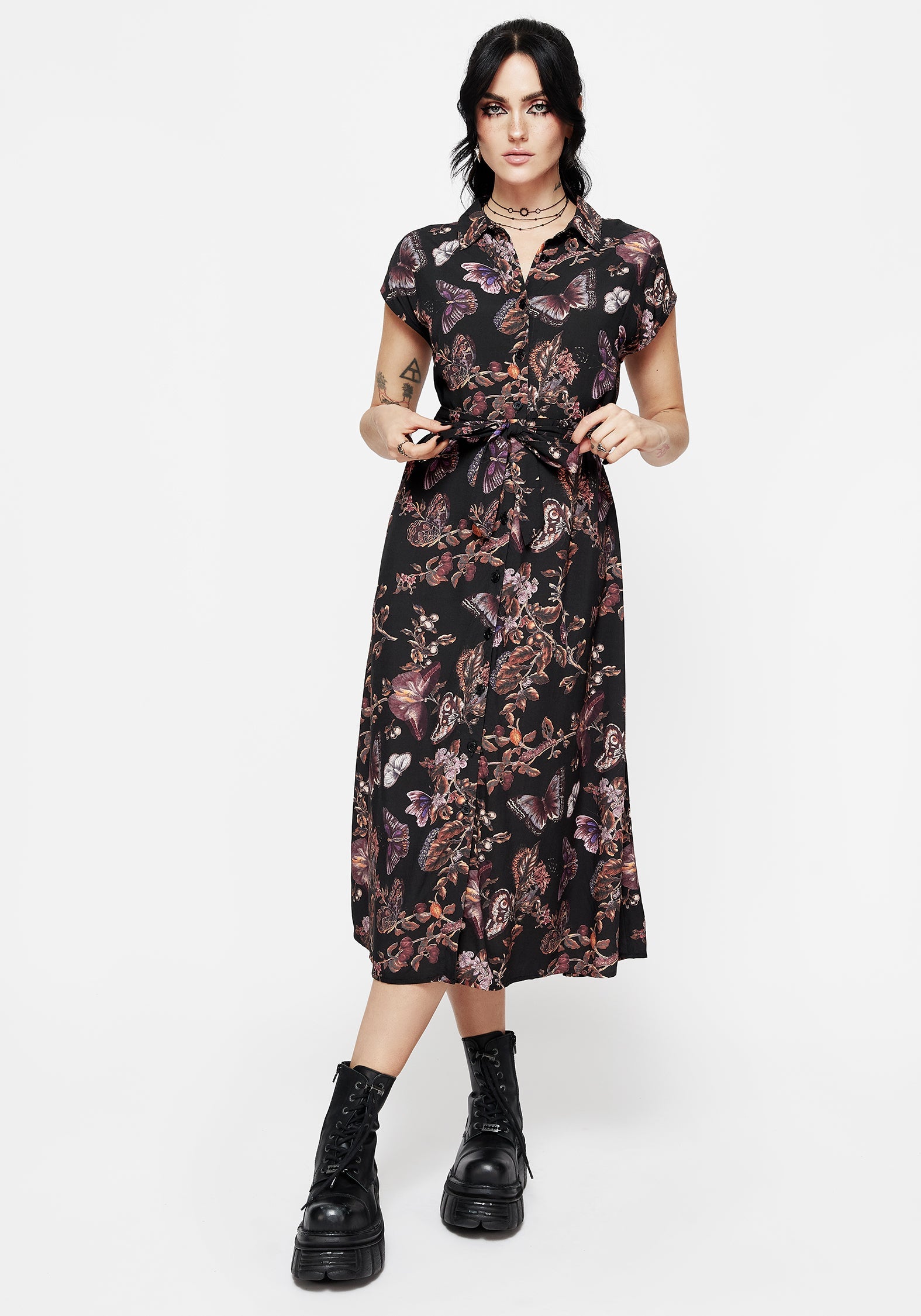 Eloise Blumenmuster Schmetterling Druck Knopf Hoch Midi Kleid