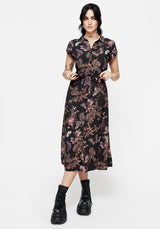 Eloise Blumenmuster Schmetterling Druck Knopf Hoch Midi Kleid