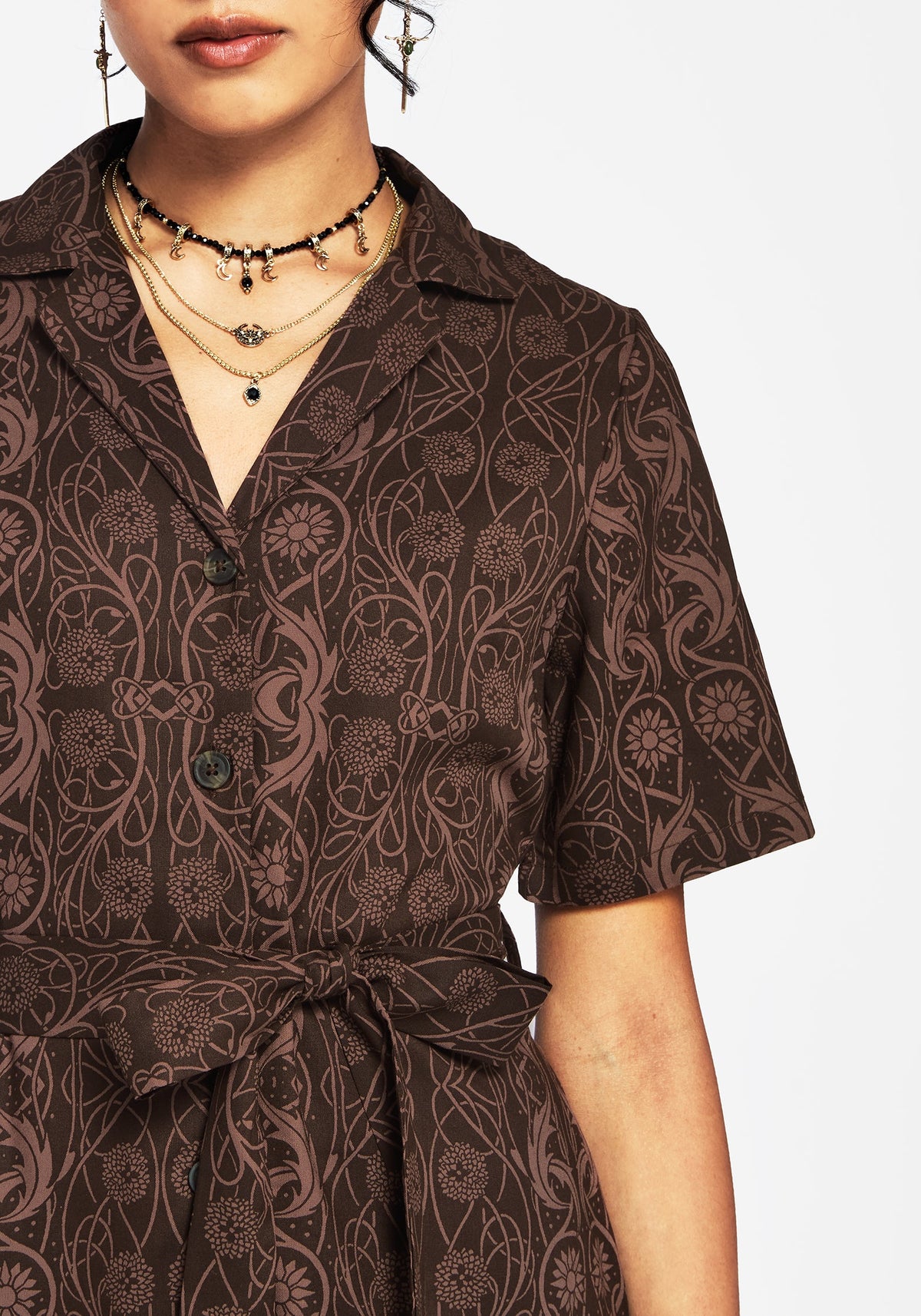 Fianna Knopf Vorderseite Mini Kleid - Braun