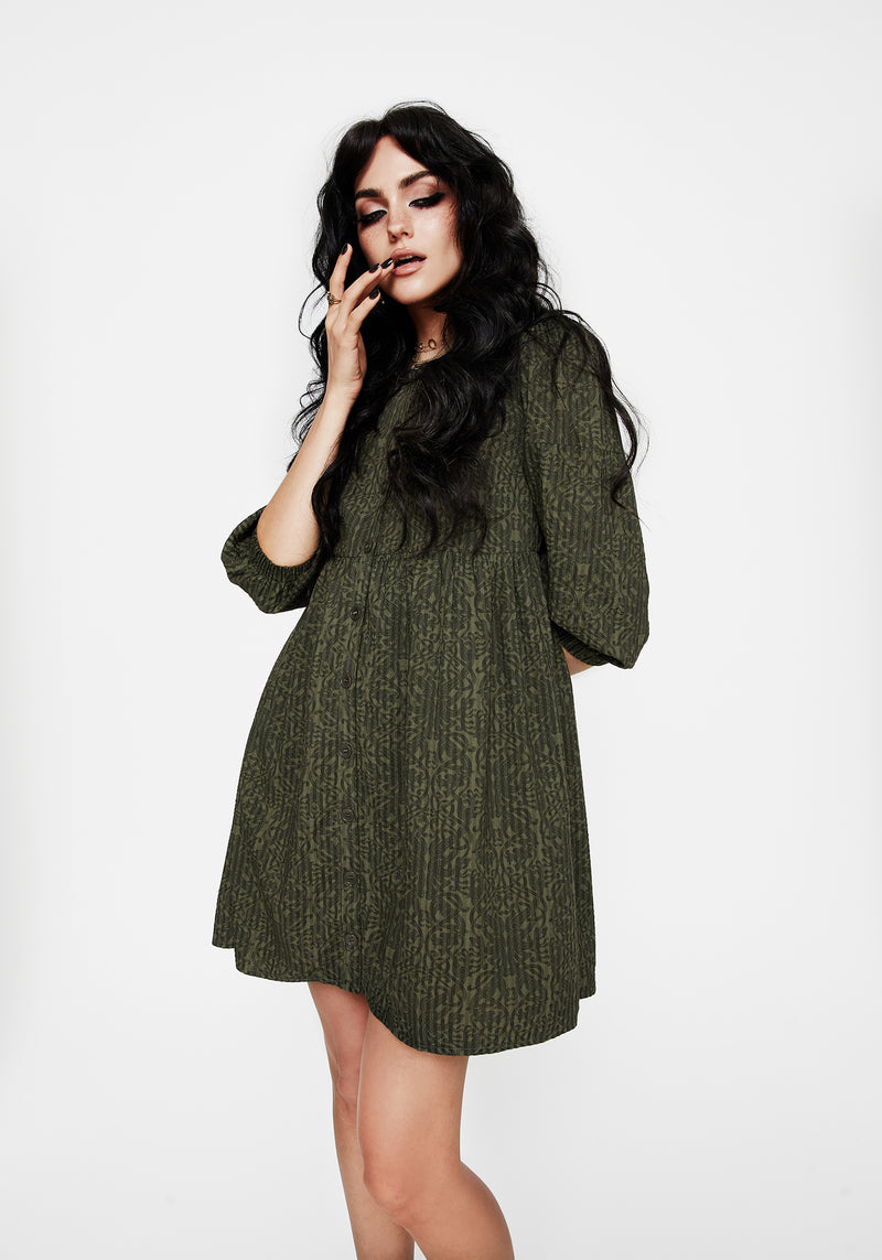 Francesca Bedruckt Knopf Hoch Rüsche Mini Kleid