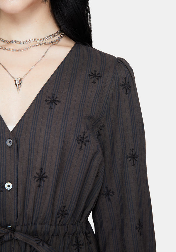 Diana Cotton Blend Stripe Cross Embroidered Mini Dress
