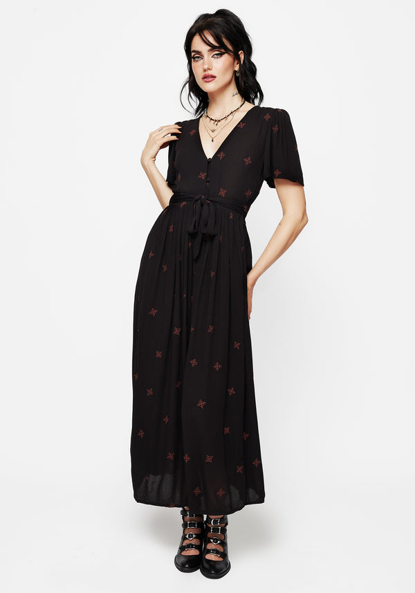 Sublime Witches Knot Bestickt Knopf Hoch Midi Kleid