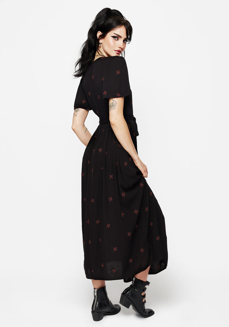 Sublime Witches Knot Bestickt Knopf Hoch Midi Kleid