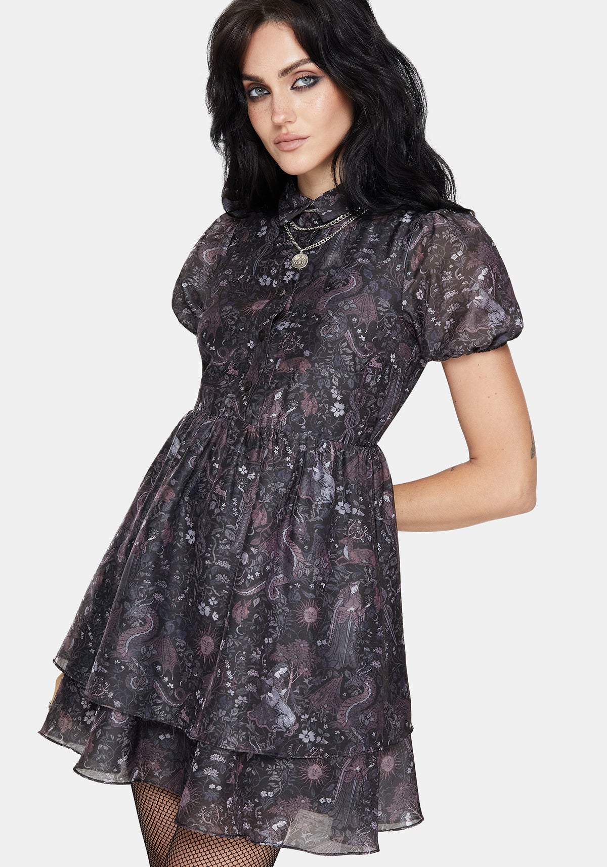 Haunt Medieval Druck Chiffon Smocked Mini Kleid