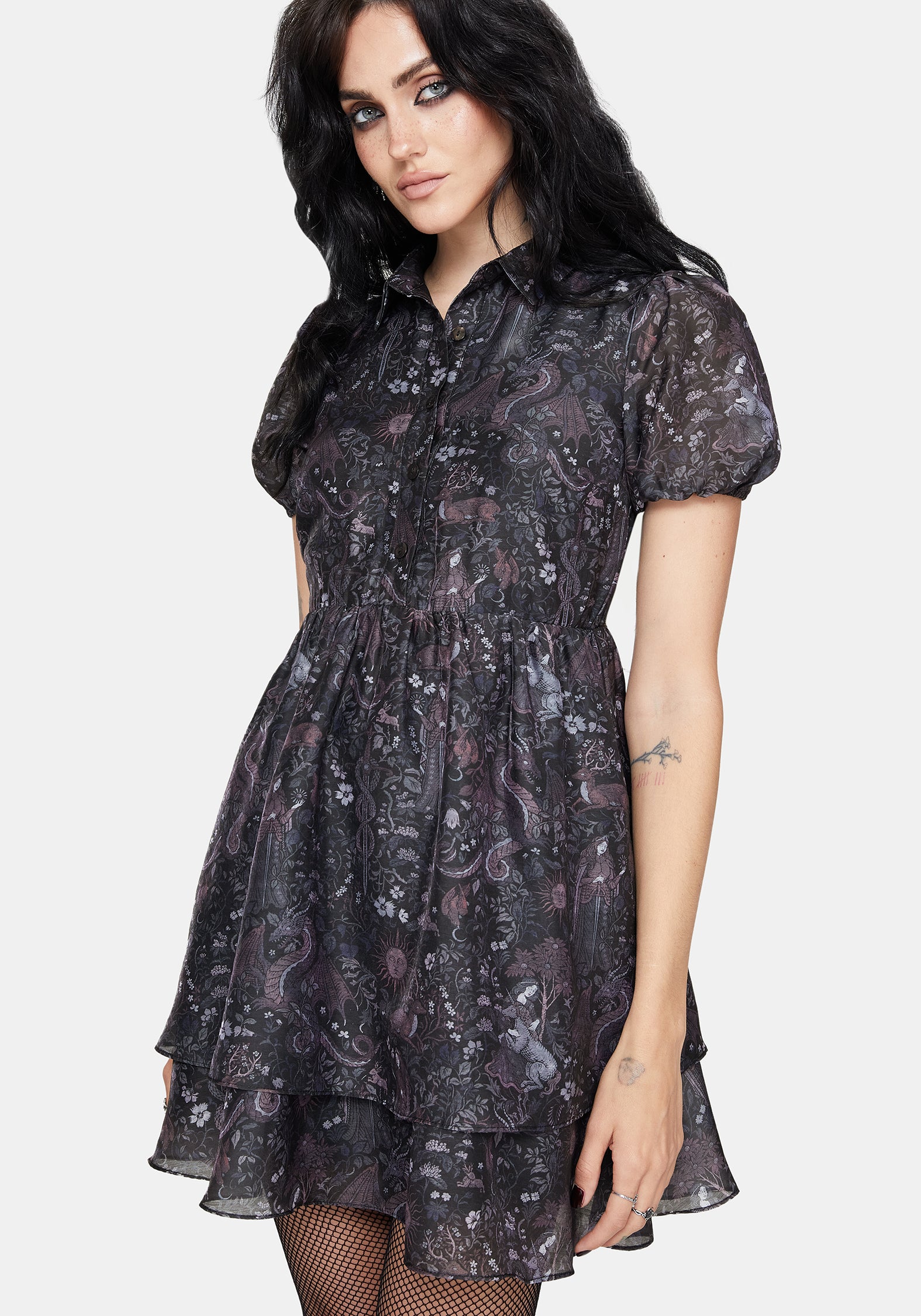 Haunt Medieval Druck Chiffon Smocked Mini Kleid