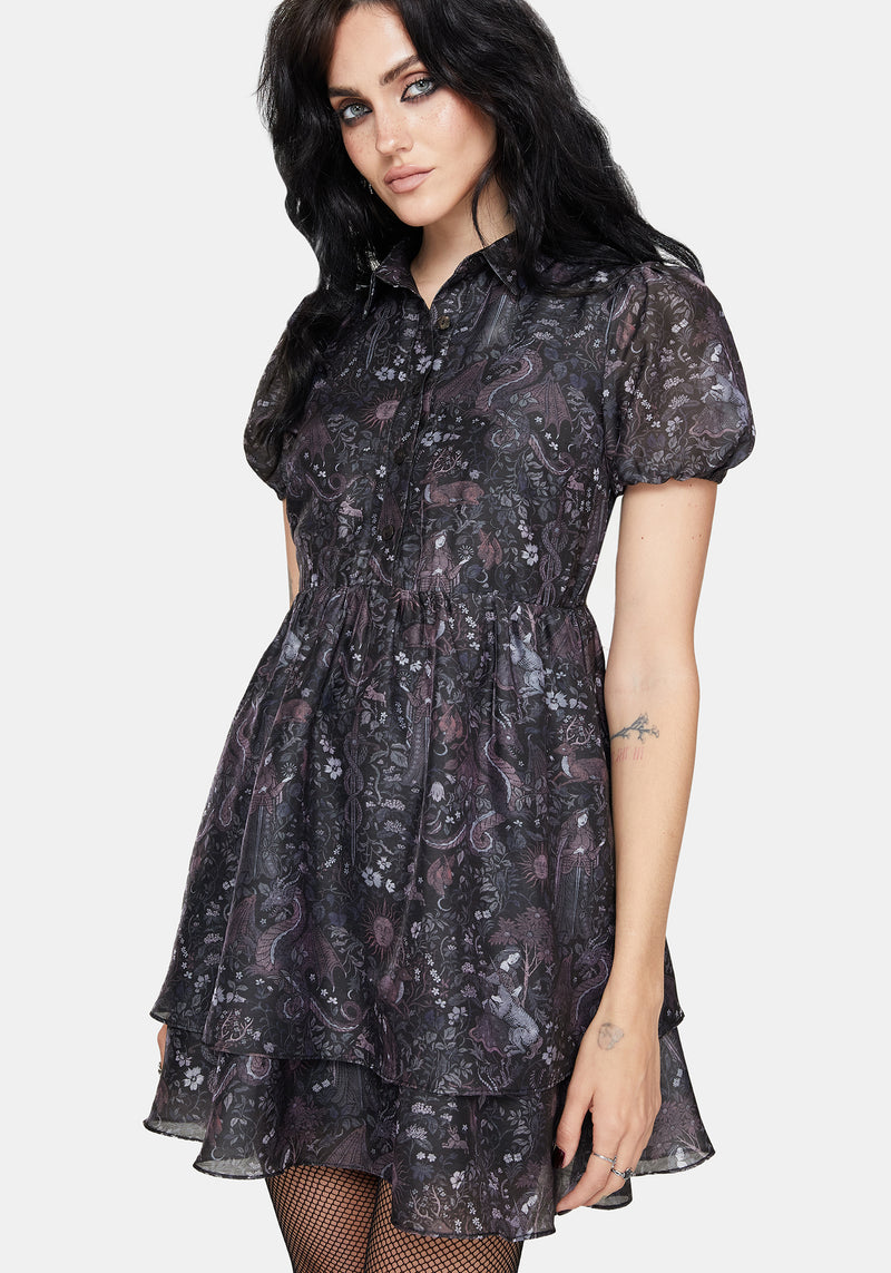 Haunt Medieval Druck Chiffon Smocked Mini Kleid