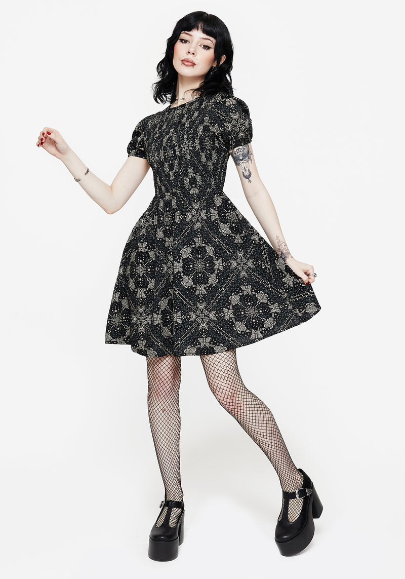 Poem Motte Druck Puffärmel Ärmel Mini Kleid