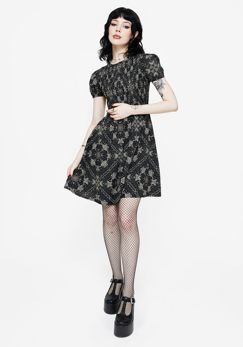 Poem Motte Druck Puffärmel Ärmel Mini Kleid