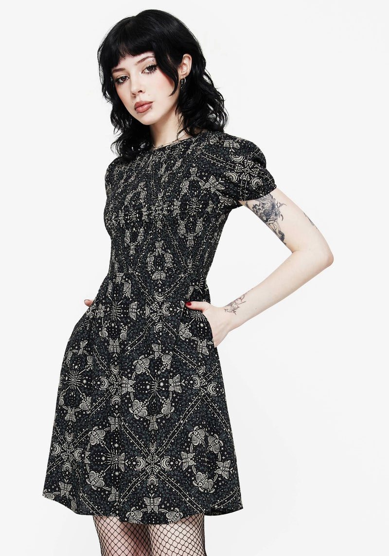 Poem Motte Druck Puffärmel Ärmel Mini Kleid