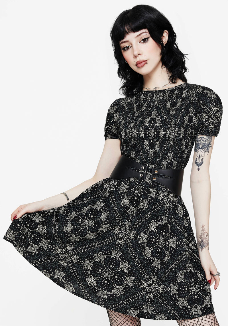 Poem Motte Druck Puffärmel Ärmel Mini Kleid