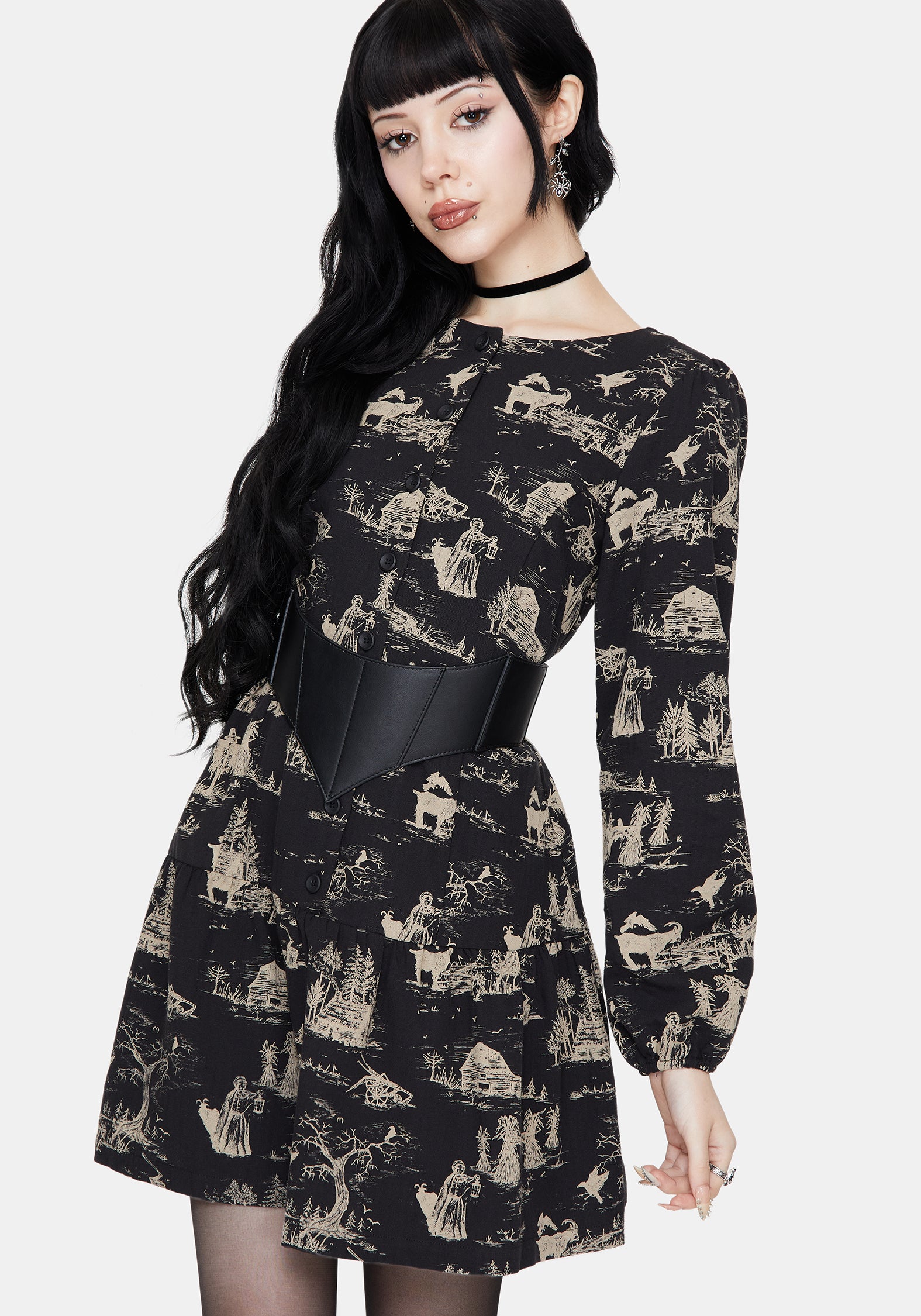 Lacelle Baumwolle Knopf Hoch Lang Ärmel Mini Kleid