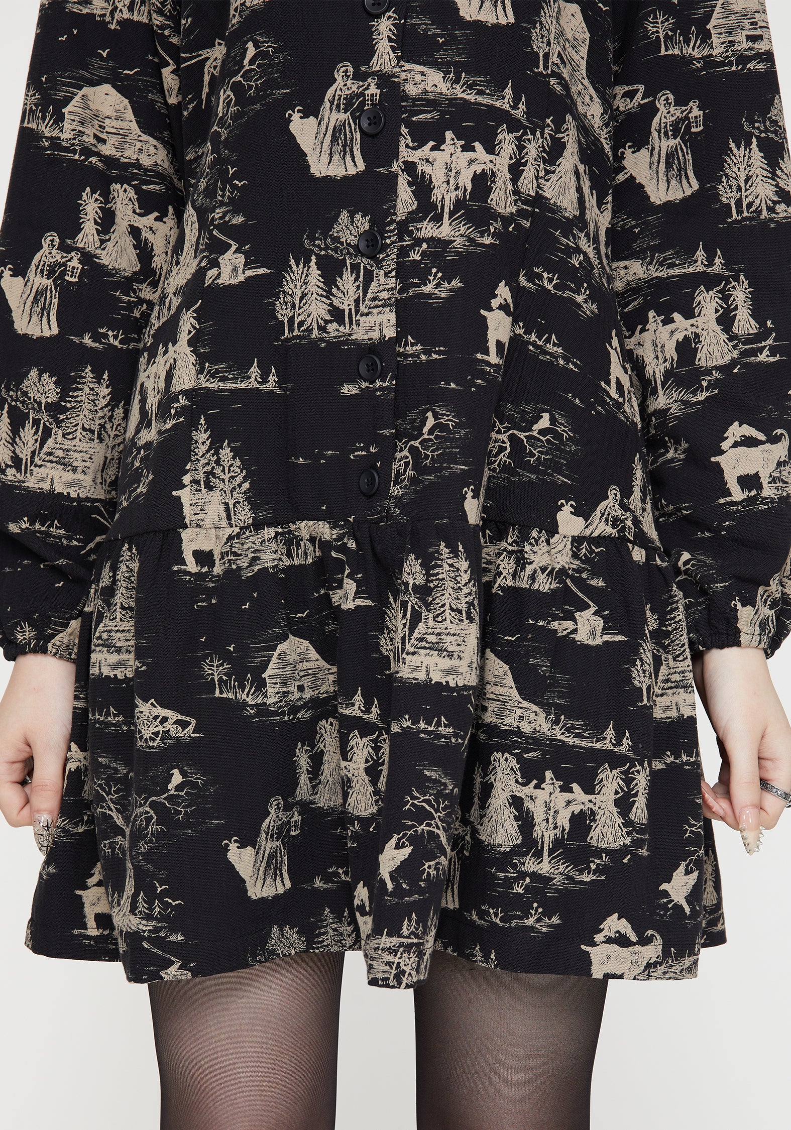 Lacelle Baumwolle Knopf Hoch Lang Ärmel Mini Kleid