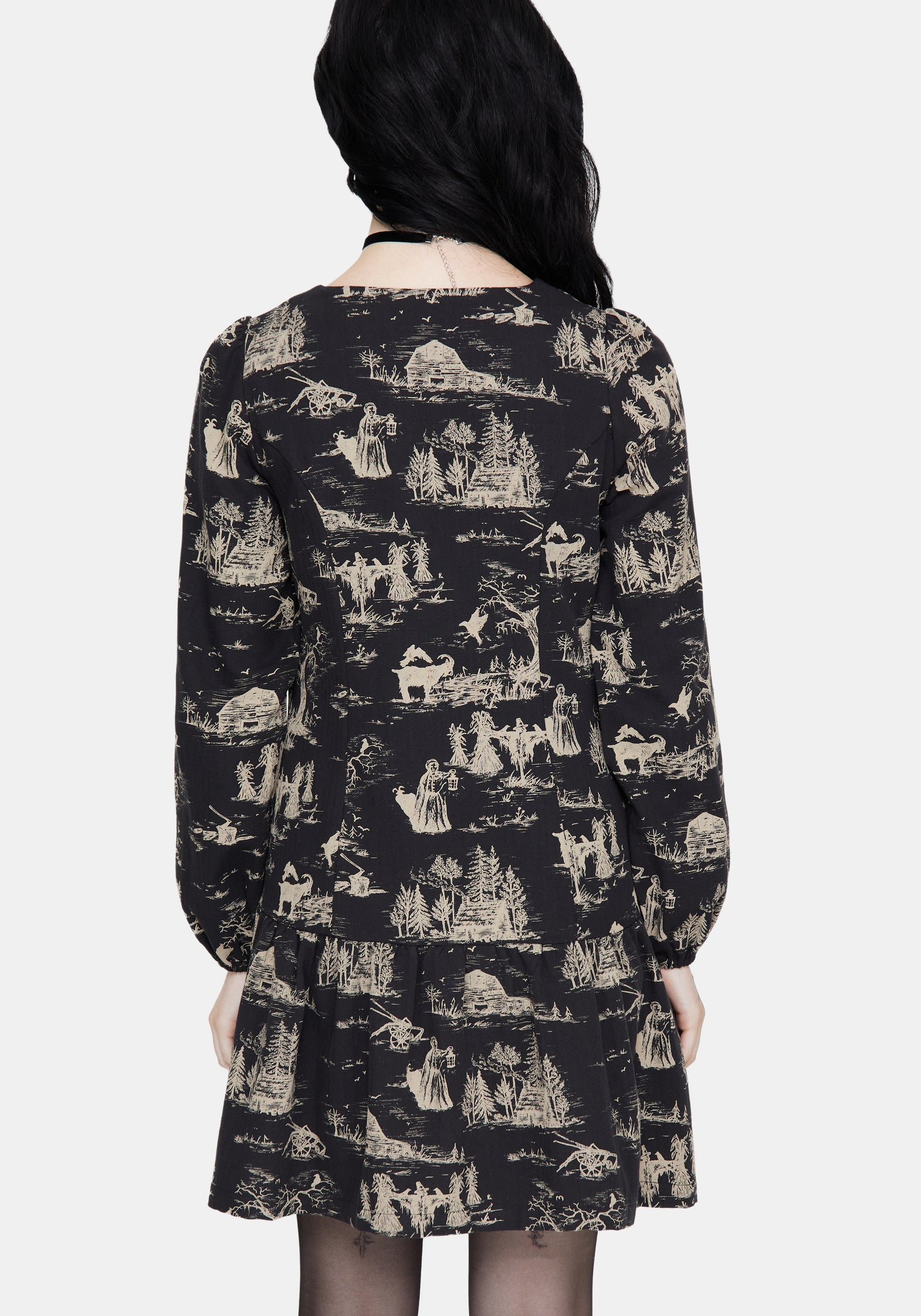 Lacelle Baumwolle Knopf Hoch Lang Ärmel Mini Kleid