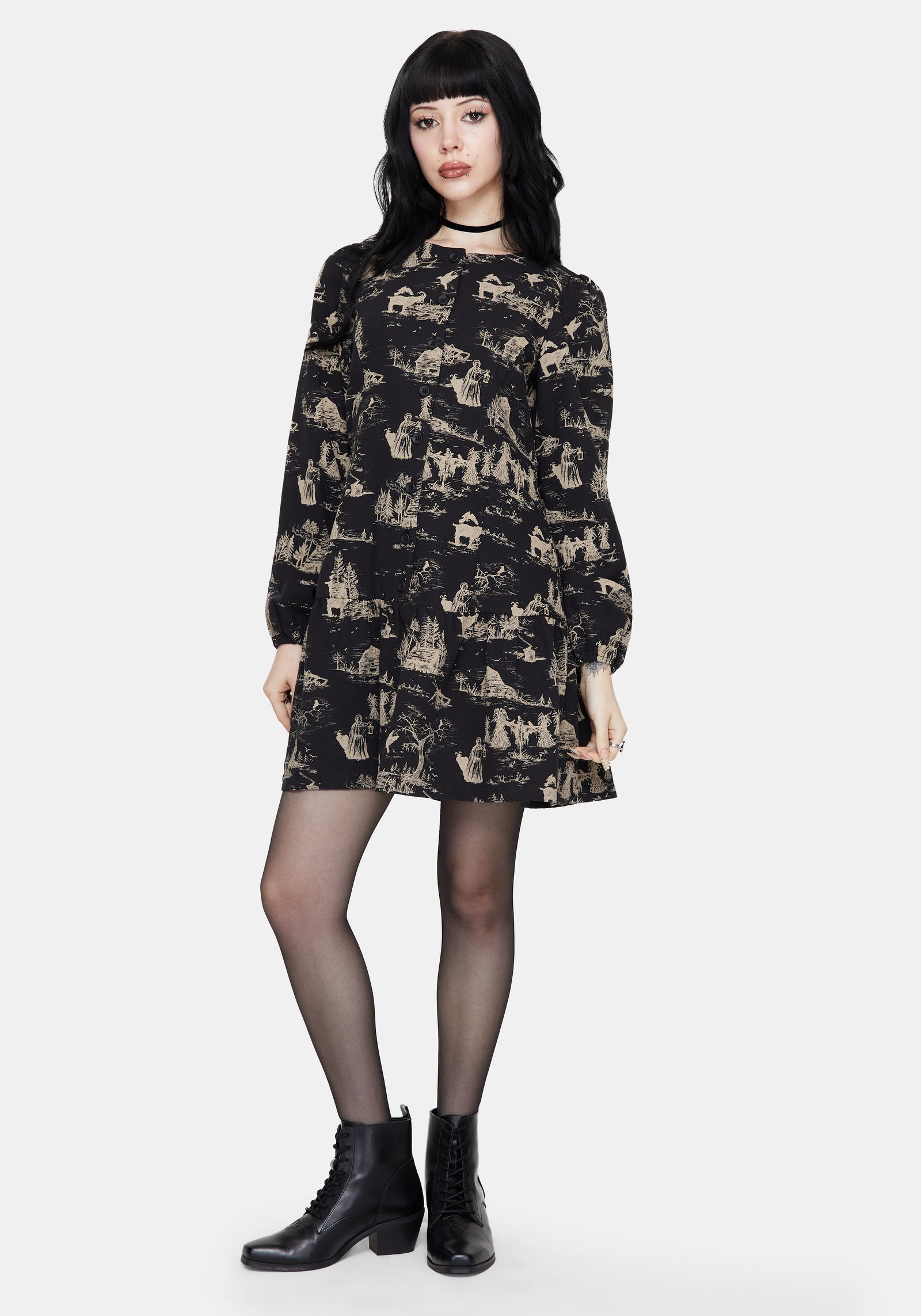 Lacelle Baumwolle Knopf Hoch Lang Ärmel Mini Kleid