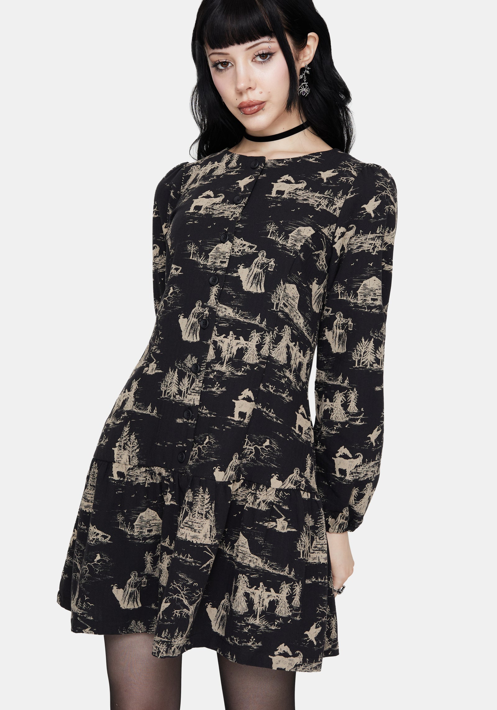 Lacelle Baumwolle Knopf Hoch Lang Ärmel Mini Kleid