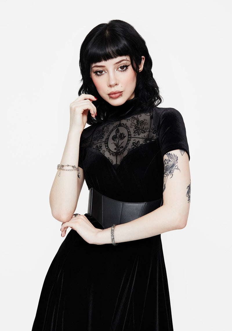 Cameo Hoch Hals Beflockt Mesh Insert Skater Mini Kleid