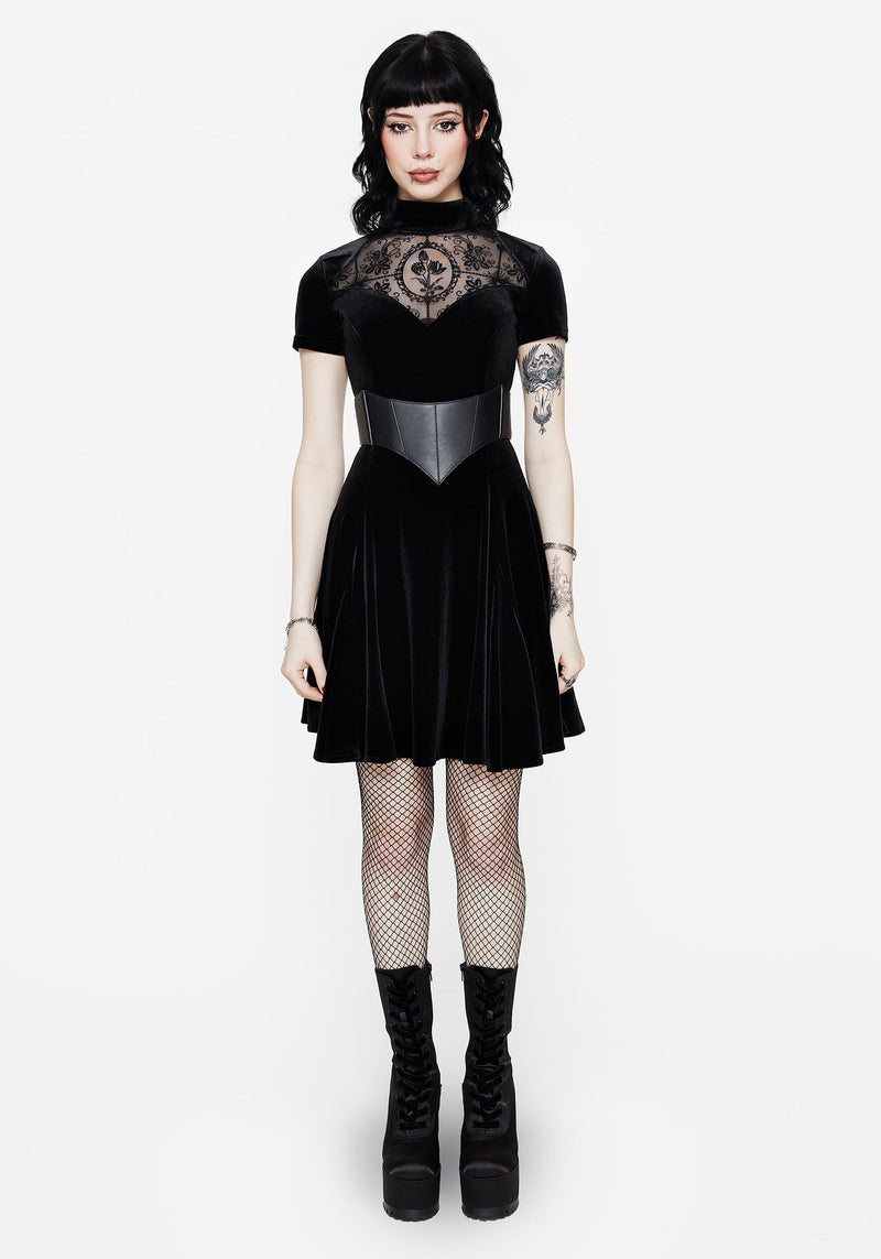 Cameo Hoch Hals Beflockt Mesh Insert Skater Mini Kleid
