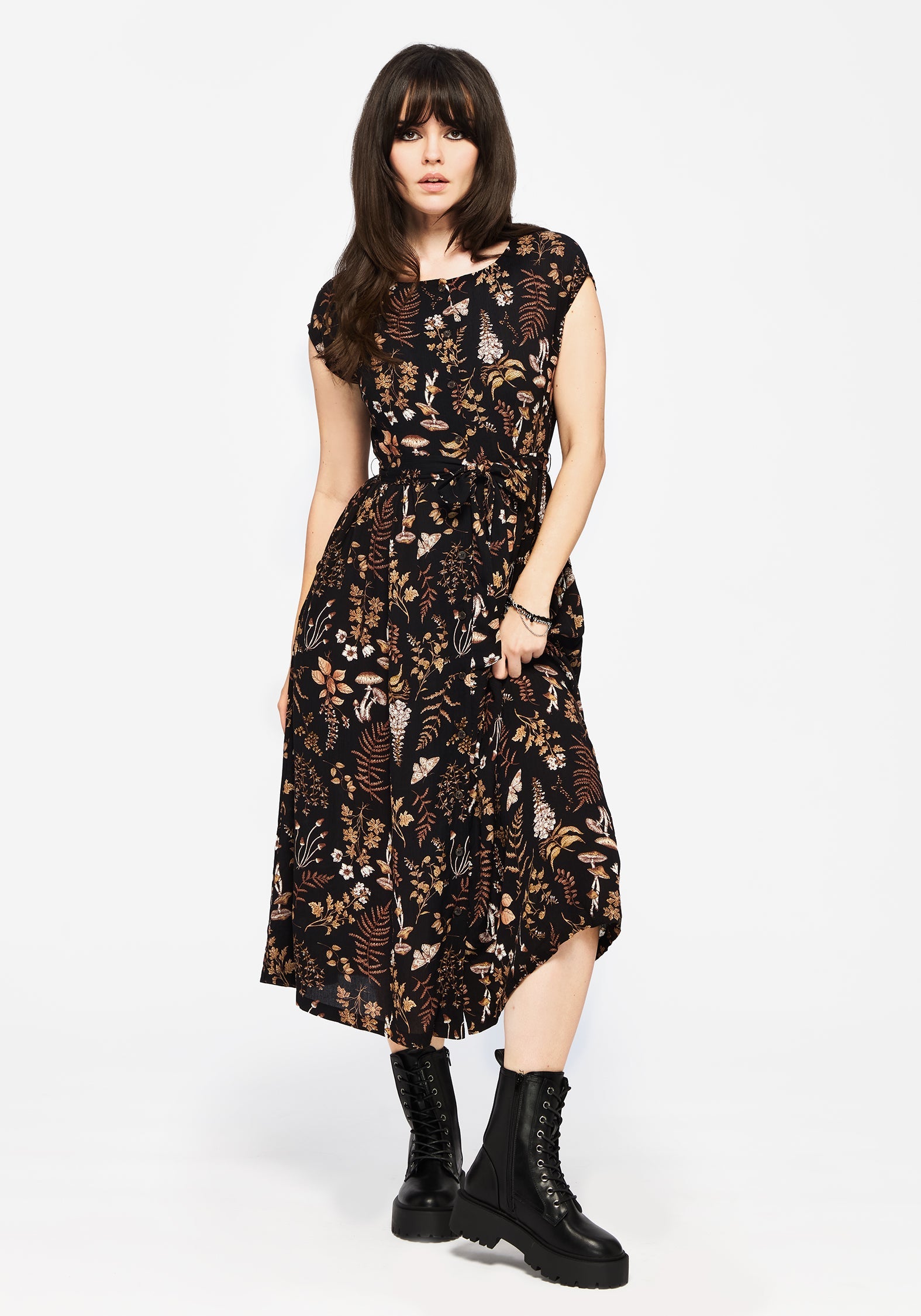 Luthien Baumwolle Bedruckt Knopf Hoch Midi Kleid