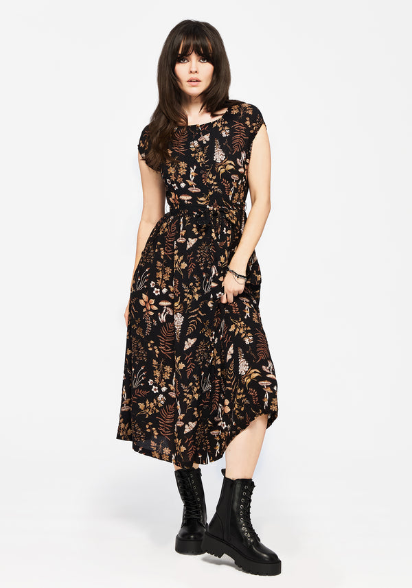 Luthien Baumwolle Bedruckt Knopf Hoch Midi Kleid