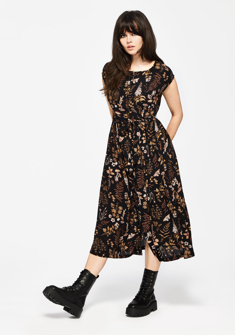 Luthien Baumwolle Bedruckt Knopf Hoch Midi Kleid