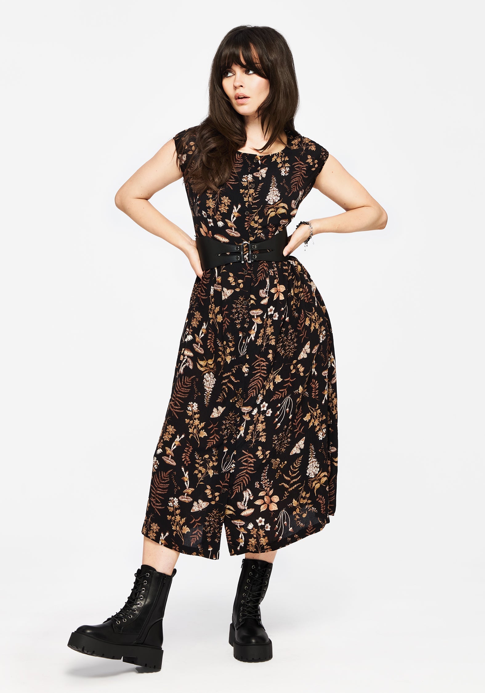 Luthien Baumwolle Bedruckt Knopf Hoch Midi Kleid