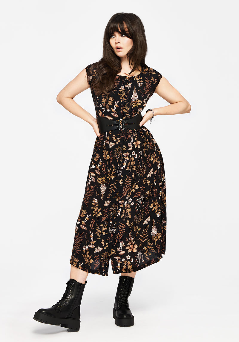 Luthien Baumwolle Bedruckt Knopf Hoch Midi Kleid