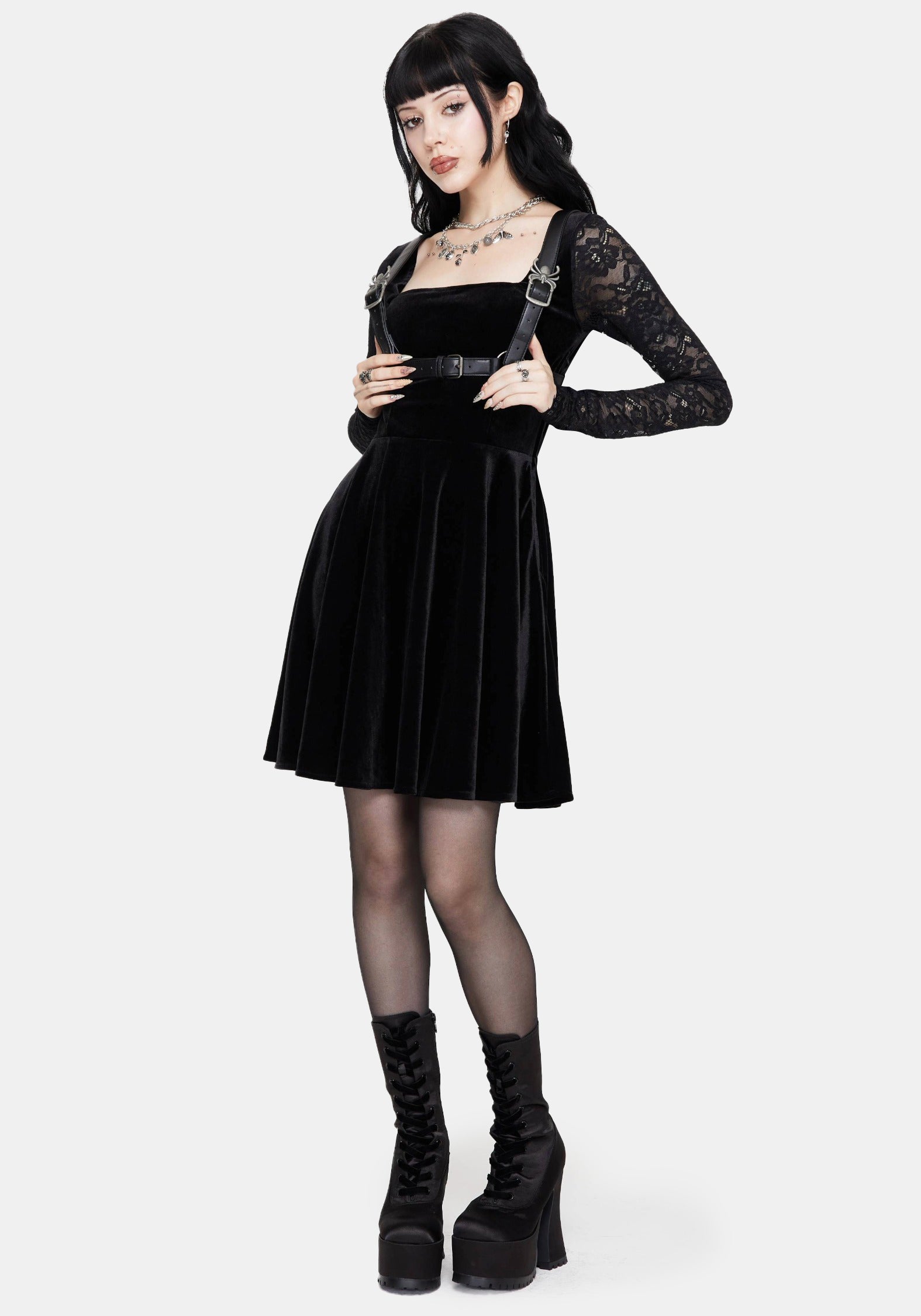 Vice Spitze Ärmel Velours Mini Kleid