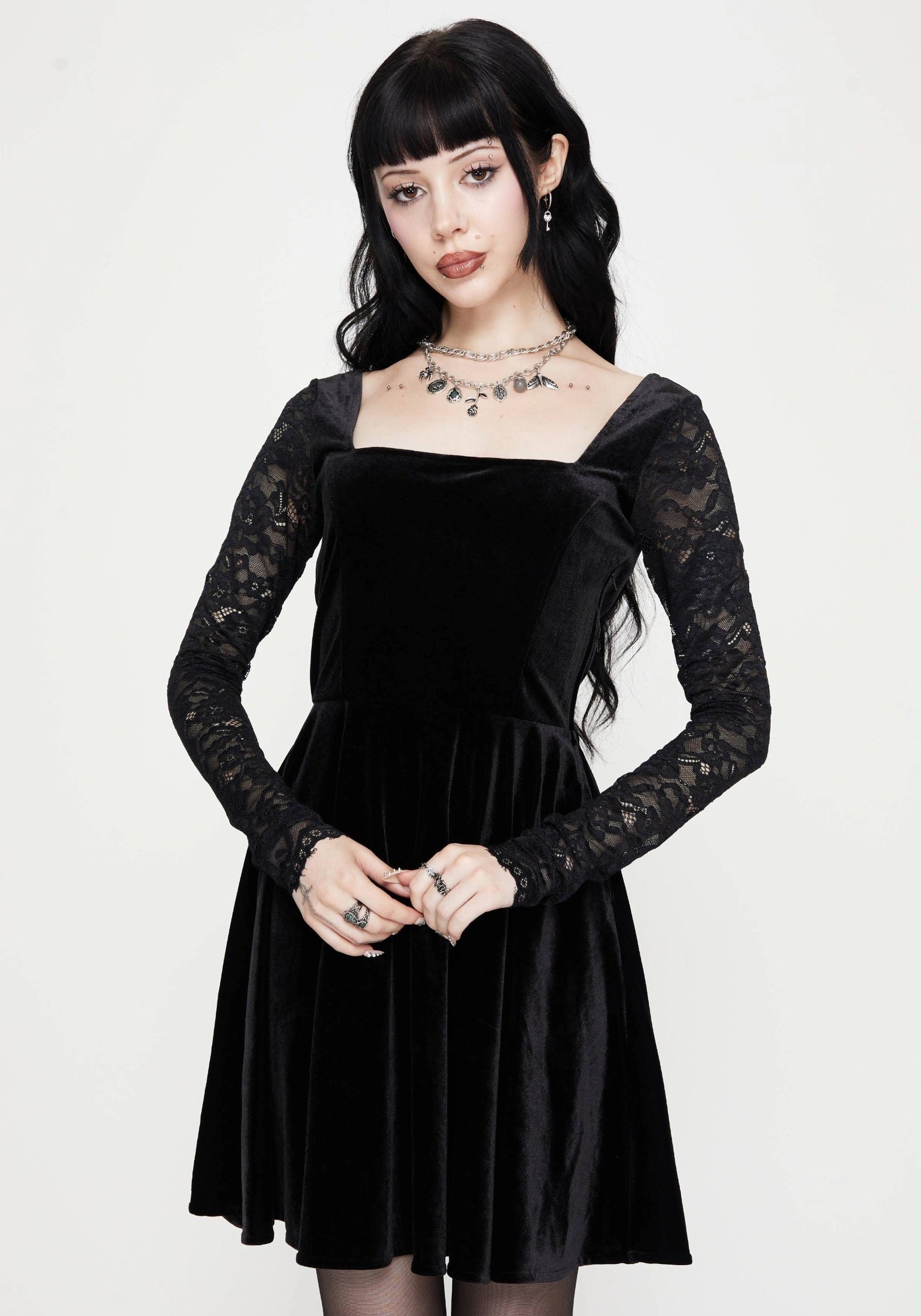 Vice Spitze Ärmel Velours Mini Kleid