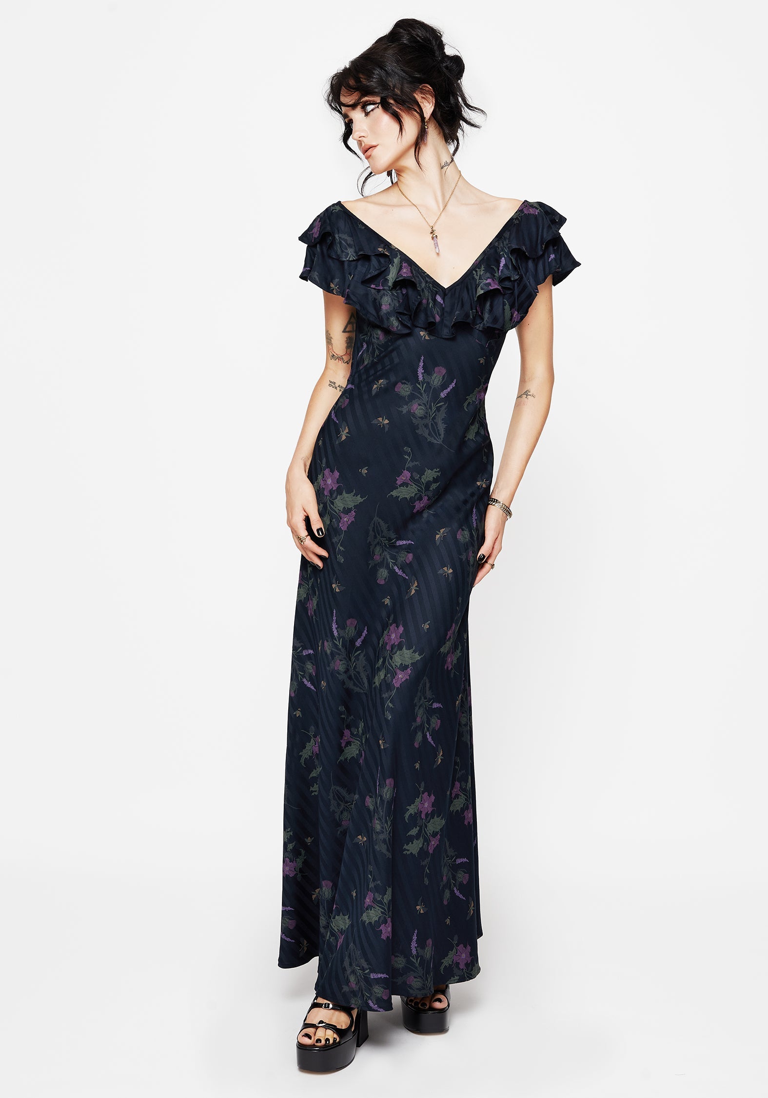 Cassandra Bedruckt Engel Ärmel Maxi Kleid