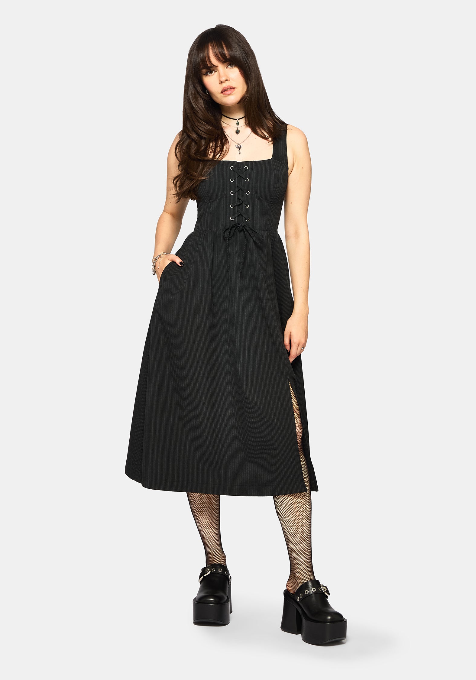 Gloom Spitze Hoch Vorderseite Korsett Detail Nadelstreifen Midi Kleid