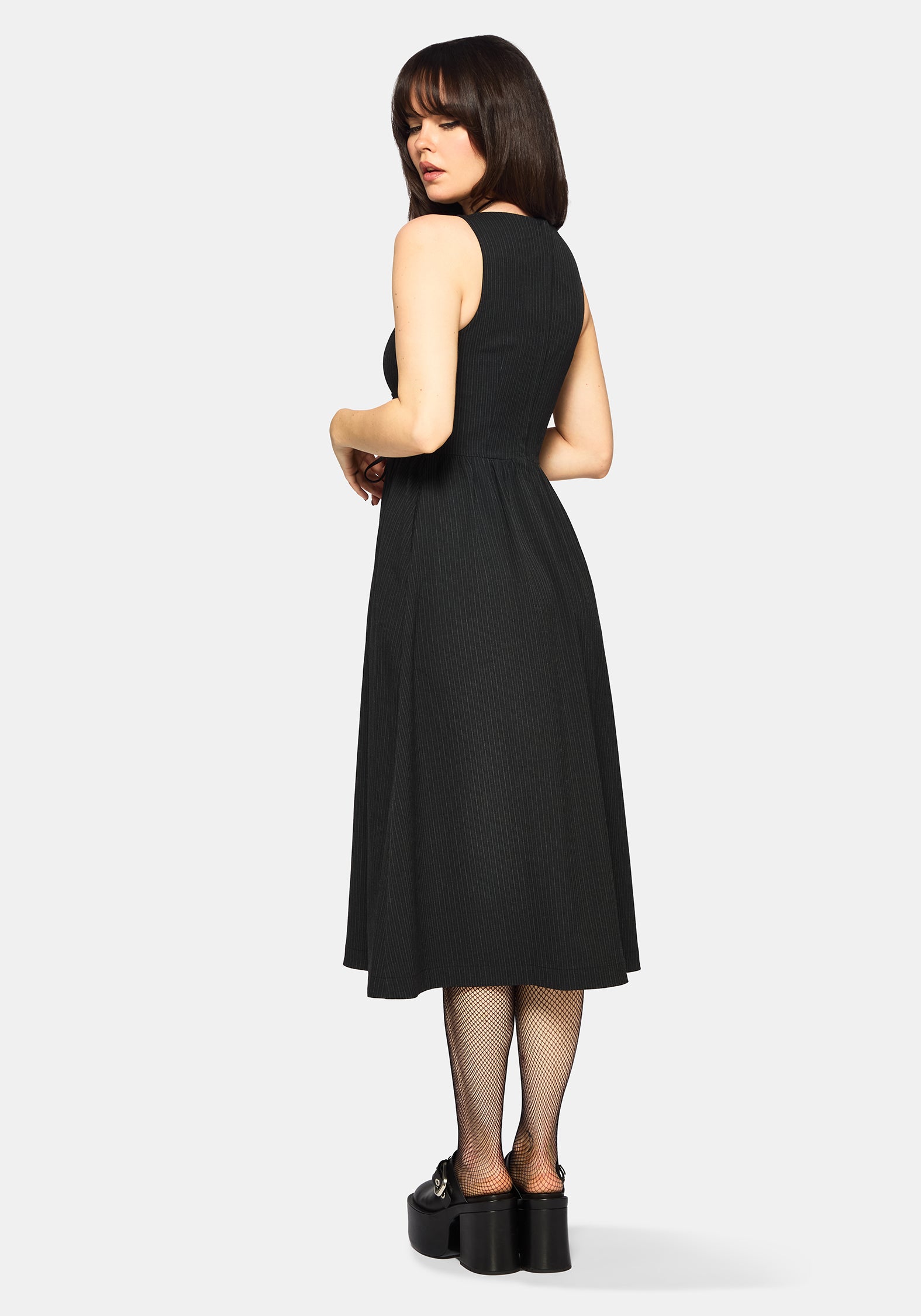 Gloom Spitze Hoch Vorderseite Korsett Detail Nadelstreifen Midi Kleid