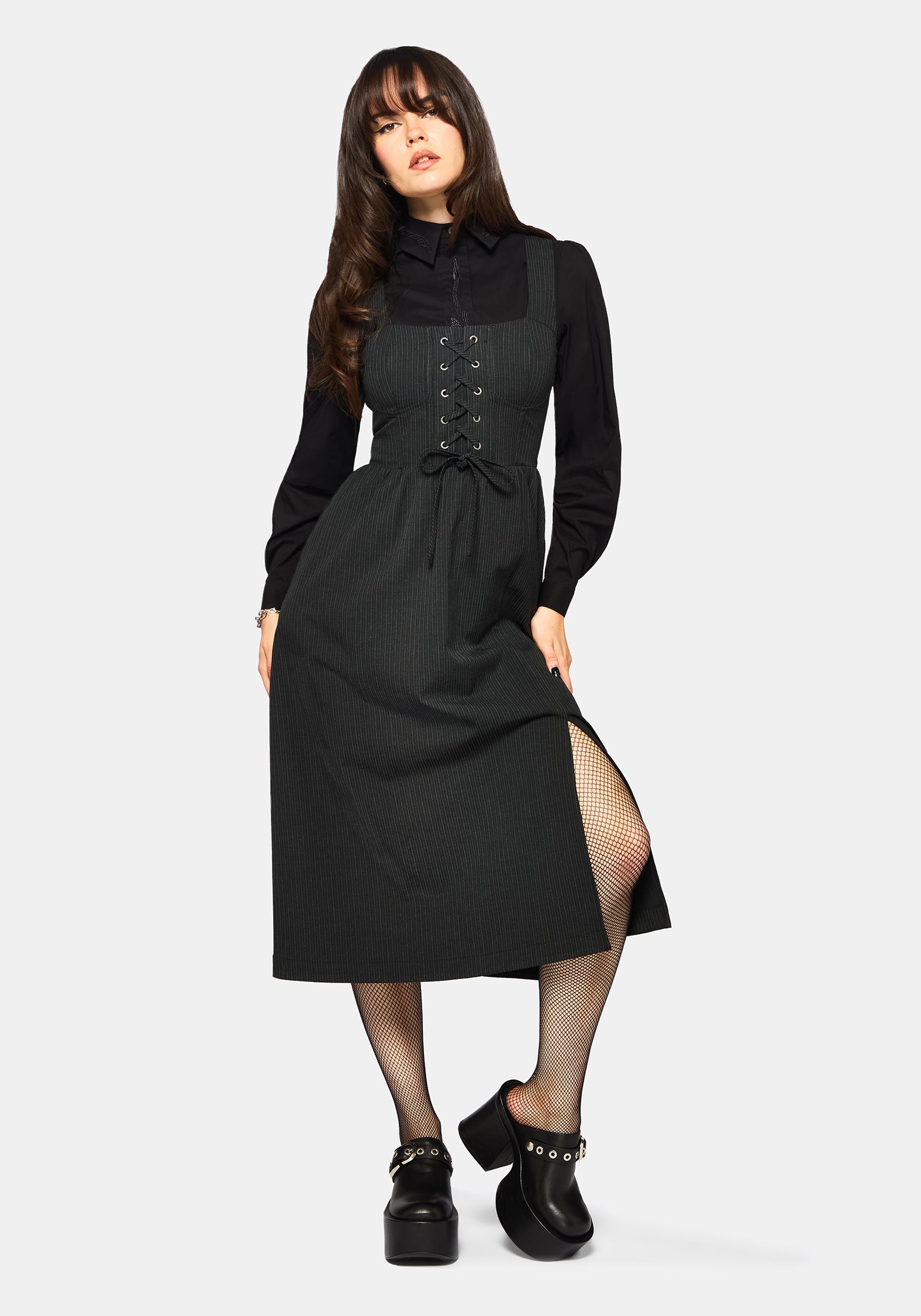 Gloom Spitze Hoch Vorderseite Korsett Detail Nadelstreifen Midi Kleid