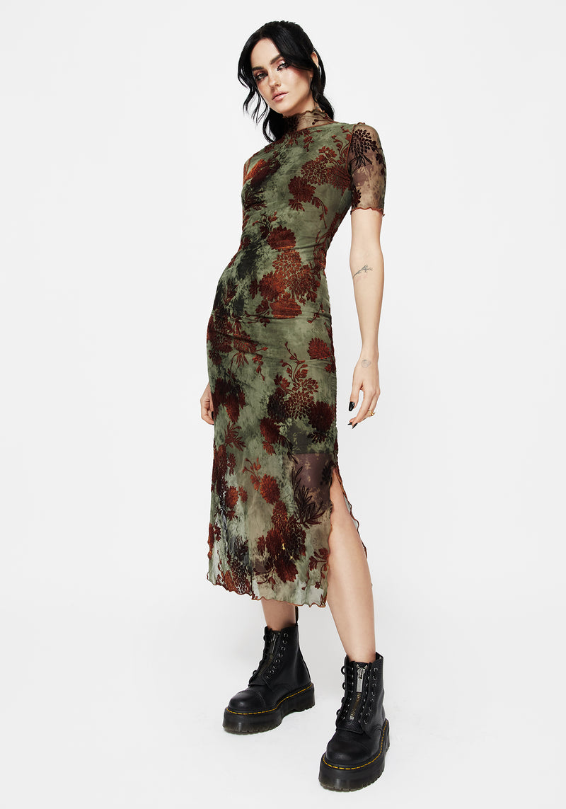Rosaleigh Flockdruck Velours Mesh Kurz Mit Ärmeln Midaxi Kleid