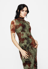 Rosaleigh Flockdruck Velours Mesh Kurz Mit Ärmeln Midaxi Kleid