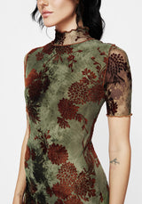Rosaleigh Flockdruck Velours Mesh Kurz Mit Ärmeln Midaxi Kleid