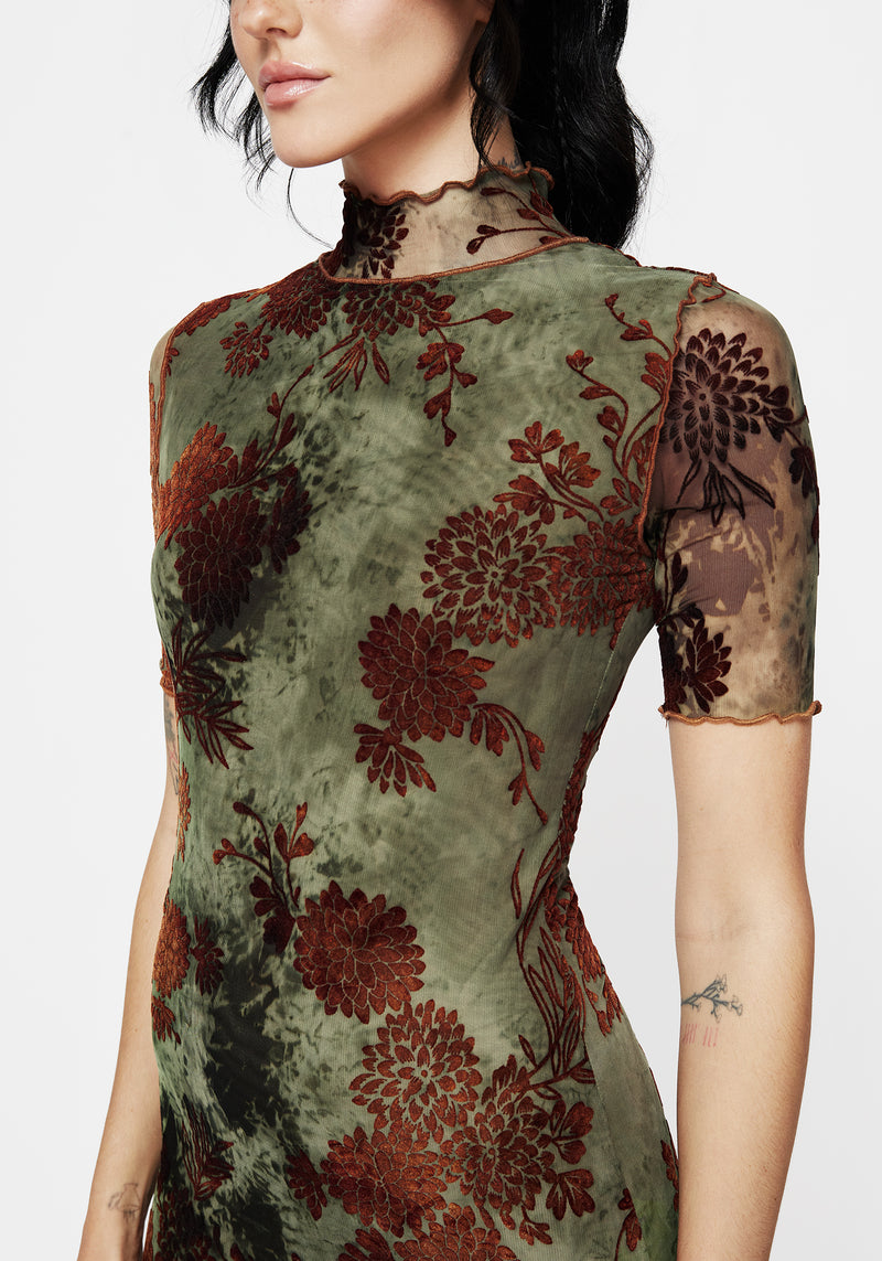 Rosaleigh Flockdruck Velours Mesh Kurz Mit Ärmeln Midaxi Kleid