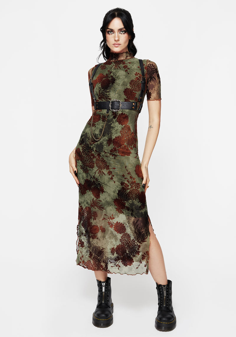 Rosaleigh Flockdruck Velours Mesh Kurz Mit Ärmeln Midaxi Kleid