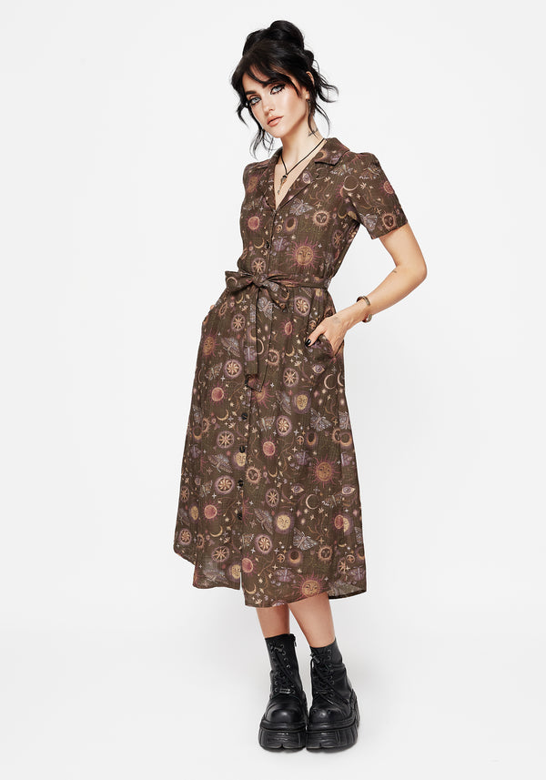 Rhea Baumwolle Mischung Motte Und Mond Druck Midi Hemd Kleid