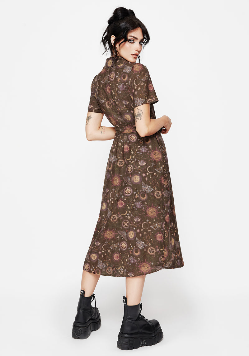 Rhea Baumwolle Mischung Motte Und Mond Druck Midi Hemd Kleid