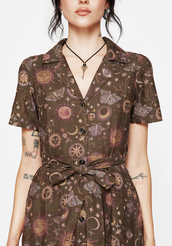 Rhea Baumwolle Mischung Motte Und Mond Druck Midi Hemd Kleid