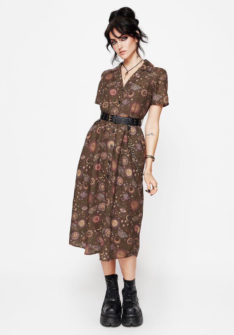 Rhea Baumwolle Mischung Motte Und Mond Druck Midi Hemd Kleid