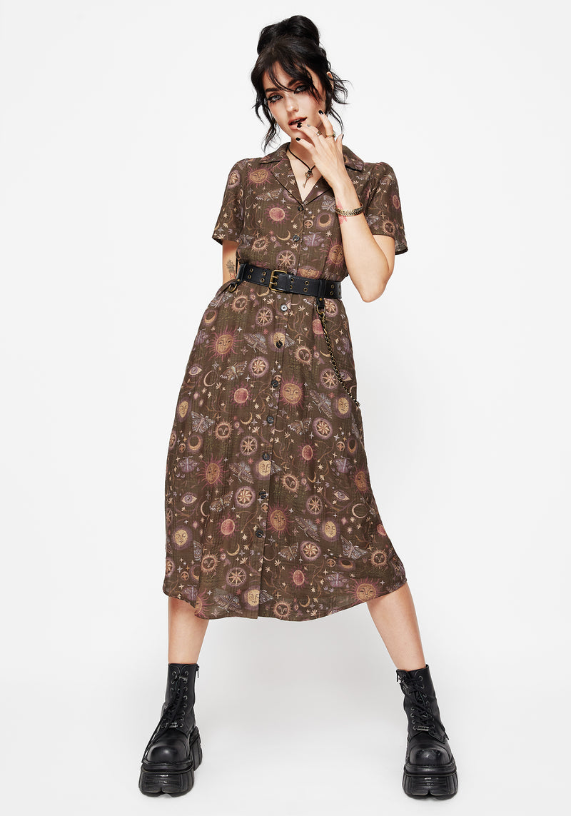 Rhea Baumwolle Mischung Motte Und Mond Druck Midi Hemd Kleid