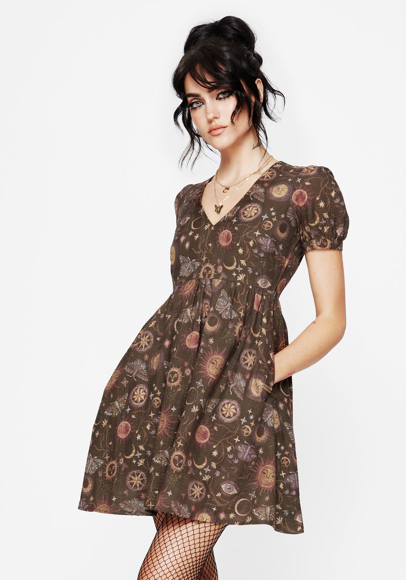 Rhea Baumwolle Mischung Motte Und Mond Druck Mini Rüsche Kleid