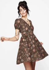 Rhea Baumwolle Mischung Motte Und Mond Druck Mini Rüsche Kleid